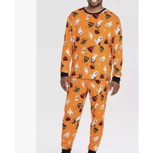 New Hyde and EEK Men's XXL Pajamas Set Orange & Black Halloween Themed